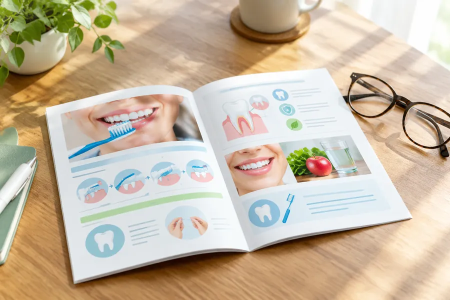 Oral care education materials laid out on a desk