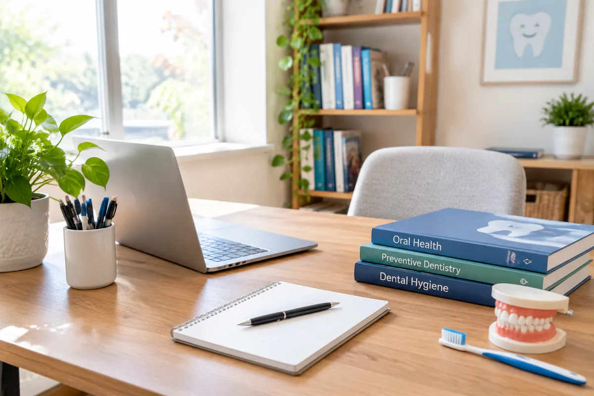 A quiet home workspace set up for an online oral health consultation