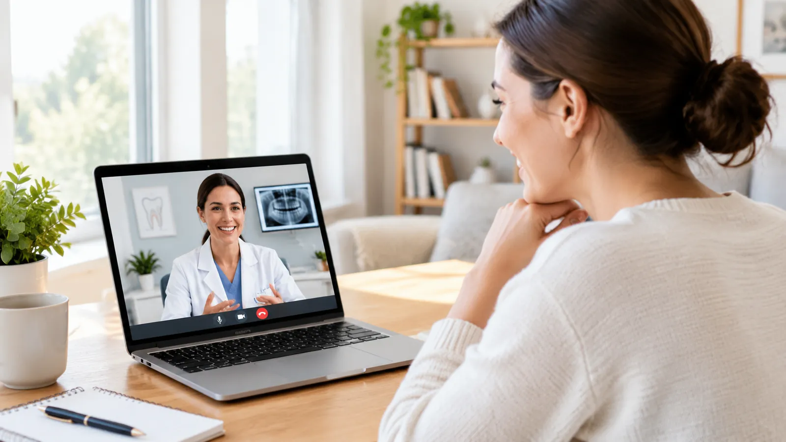 A woman on an online oral health consultation video call from home